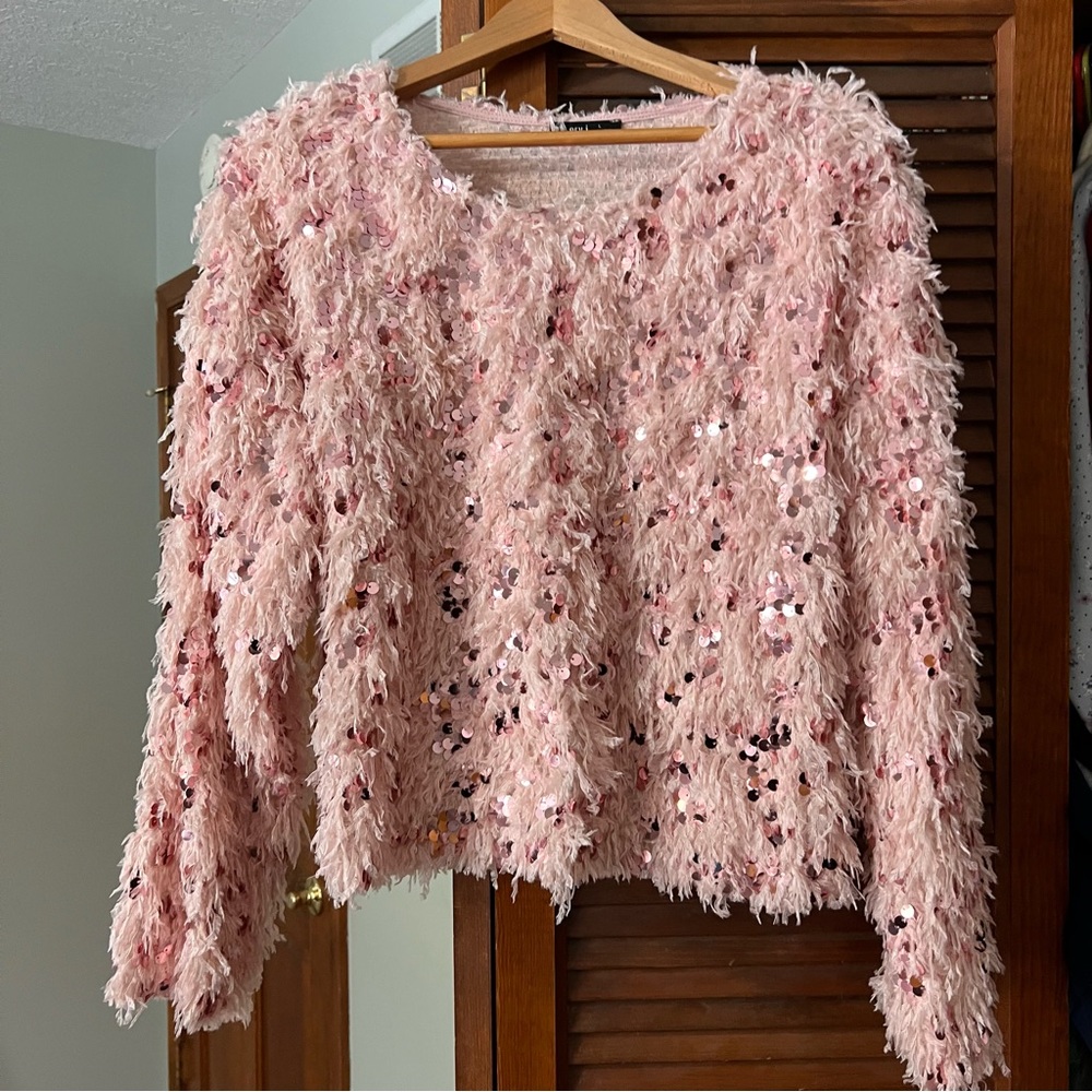 Very J Pink Fuzzy Sequin Sweater
